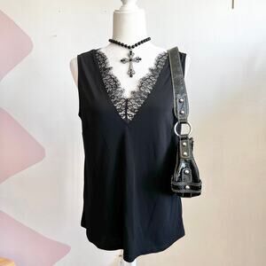 Black Lace Trim V Neck Tank Top, Y2K, Coquette, Grunge, Gothic,‎ Large
